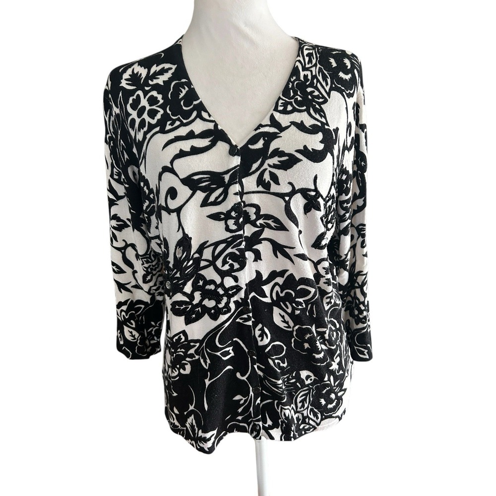 Pierri New York Black & White Floral Cardigan Sweater XL Beaded Rhinestone